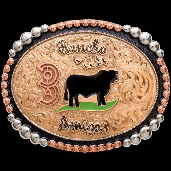 The Vernon Custom Belt Buckle features a pop of color for your western look! Featuring inner frame of black enamel, our signature berry frame and hand engraved. Personalize this buckle today!
